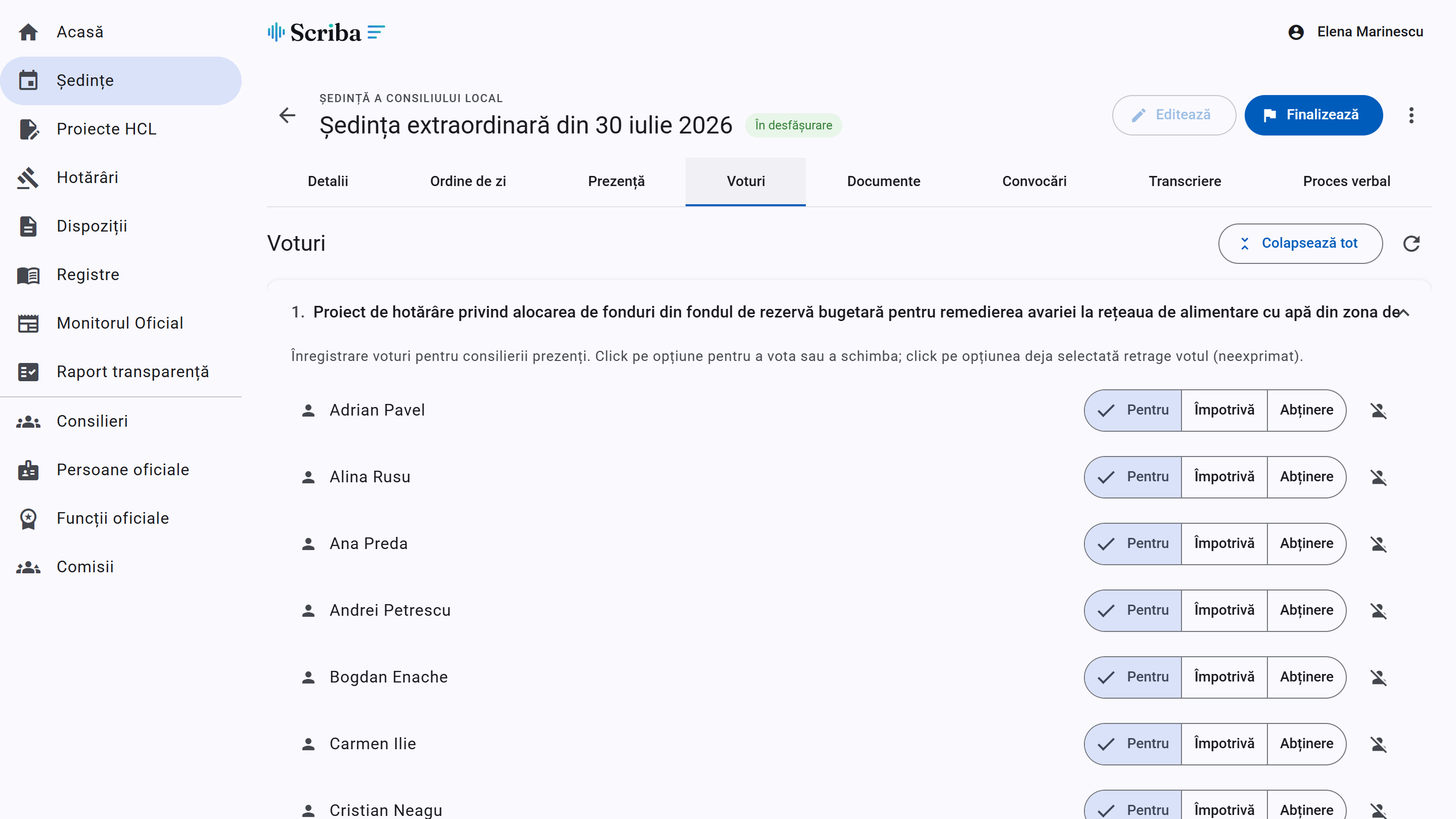 Aplicația Scriba, votul nominal pe un punct al ordinii de zi, cu voturile exprimate în timpul ședinței